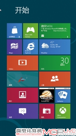 其实在普通桌面上，你像Windows 7那样使用完全没有问题。不过要享受到更多Windows 8的特色，还是让我们将鼠标移动到右下角，进入Metro界面。Metro界面在视觉效果上没得说，有种简约的魅力。而对应邮箱的区域还会显示近邮件的信息。相比单纯罗列快捷图标，它能给用户“这儿有更多信息”的感觉。