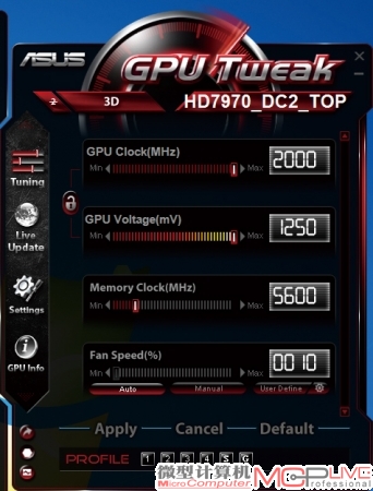 公版Radeon HD 7970有超频限制（上），而华硕HD7970则可以利用GPU Tweak突破超频上限（下）。