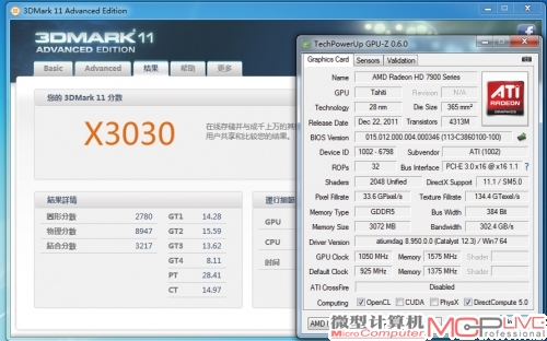 在默认电压下，华硕HD7970的核心频率可以提升至1225MHz（上），而公版Radeon HD 7970只能超频至1050MHz。