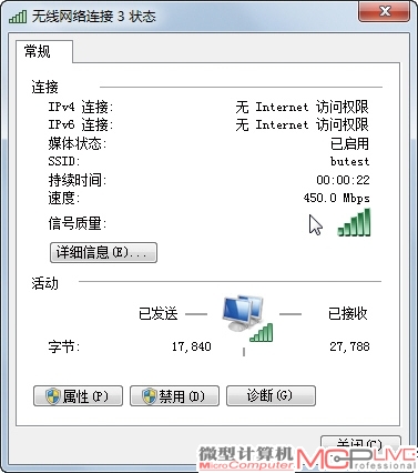 Intel Ultimate-N 6300 AGN无线网卡与Buffalo WZR-HP-G450H在2.4GHz频段的连接速度达到450Mb/s。