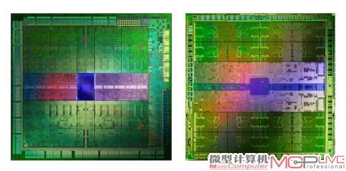 GK104（左）、GF110芯片内核图。在芯片设计中，显存控制器、光栅和缓存等单元是相当占用晶体管资源和内核面积的部分。相比GF110，GK104在显存控制位宽，光栅单元数量和缓存大小上都有所减少。所以我们看到以往占据芯片中心大量面积的控制单元在GK104上的比例明显减小，计算单元/控制单元的比例明显增高。