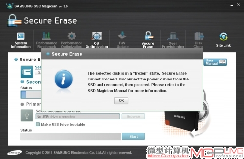 在体验中，三星的Magician工具出现了硬盘冻结，无法擦除的现象，后我们仍只有通过HDDErase恢复性能。