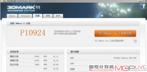 超频版GTX 680虽然在功耗上会有所增加，但性能上更加值得期待，图为1137MHz核心频率下的GTX 680运行3DMark 11的分数。