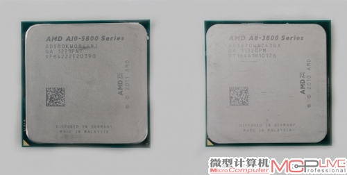 通过与A8 3870K(右)的对比，不难看出，A10 5800K(左)的FM2针脚在三处位置上有明显变化，无法与FM1接口兼容。