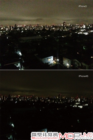 夜景拍摄样片。上边是iPhone 4S，下边是iPhone 5。