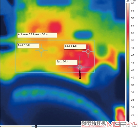 处理器供电电路在满载状态下发热量较大，高温度点达到56.4℃。