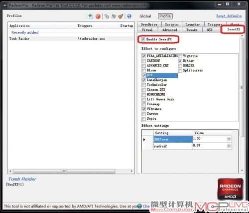 图8：使用RadeonPro能在GUI界面下方便地对SweetFX的参数进行调节，不过别忘了先“Enable SweetFX”。