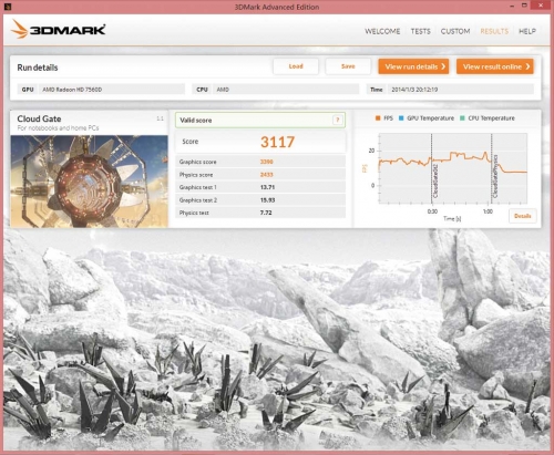 单独使用AMD A8-5500B APU的情况下，3DMark Cloud Gate得分依然达到了3000分以上。